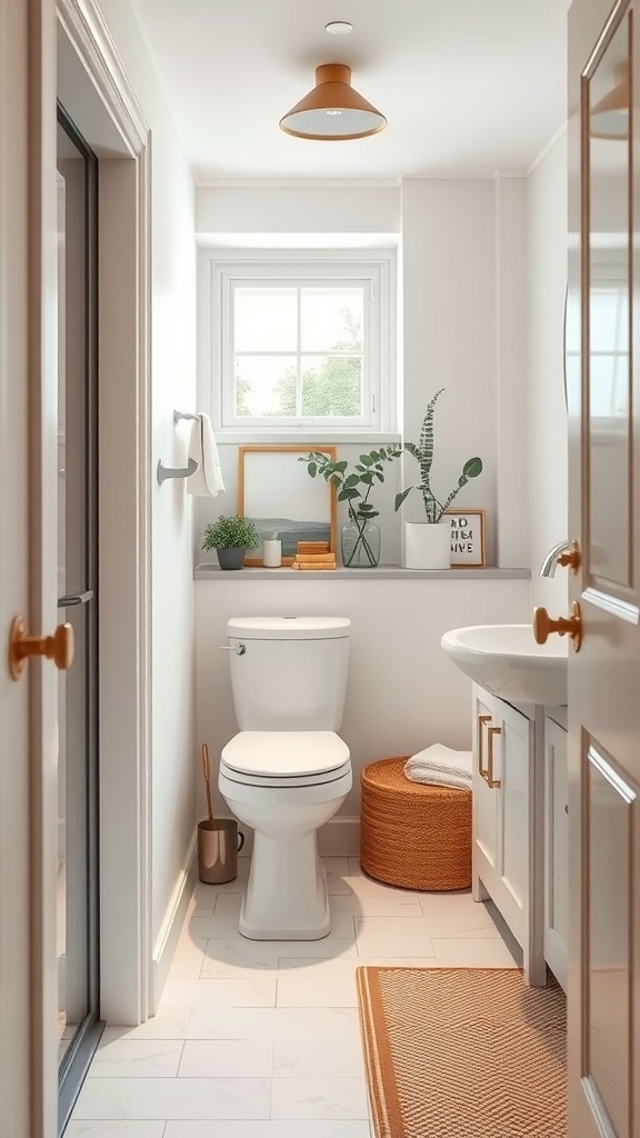 A small bathroom featuring a window nook with plants, framed artwork, and stylish storage solutions.