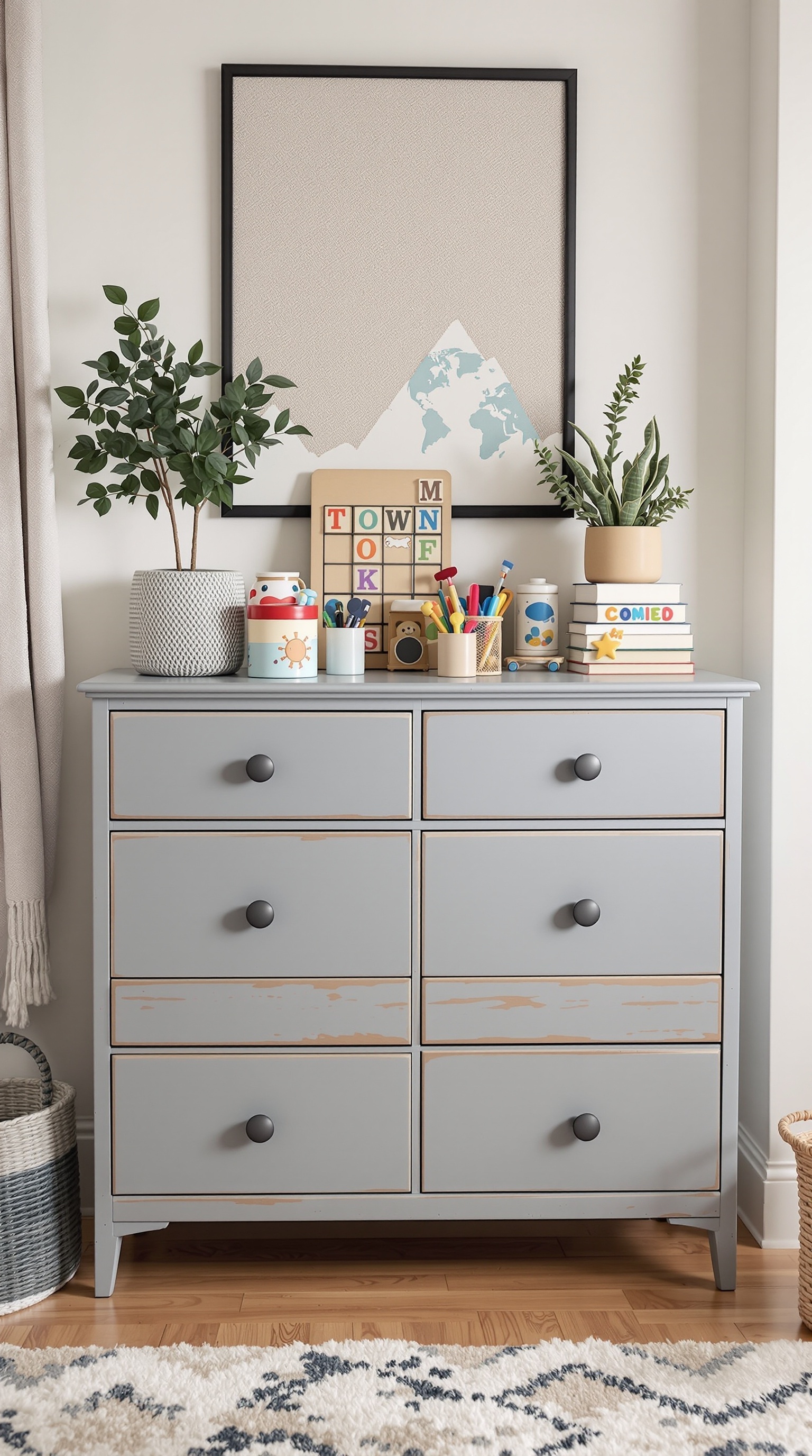 A gray dresser repurposed for toy storage, featuring colorful containers and plants on top.