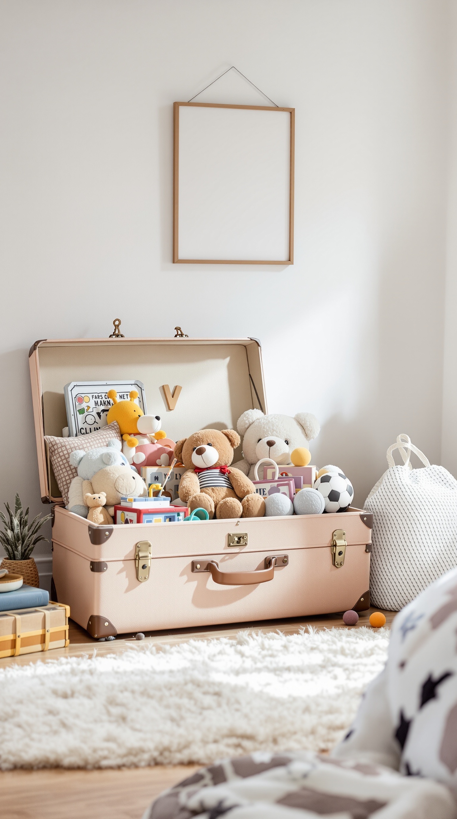 A pink suitcase filled with plush toys and colorful playthings in a child's room.