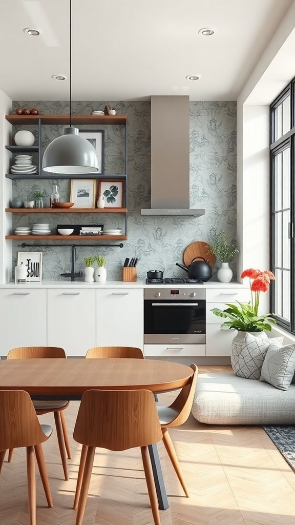 A modern kitchen featuring an accent wall with a soft pattern, open shelving, and a wooden dining table.