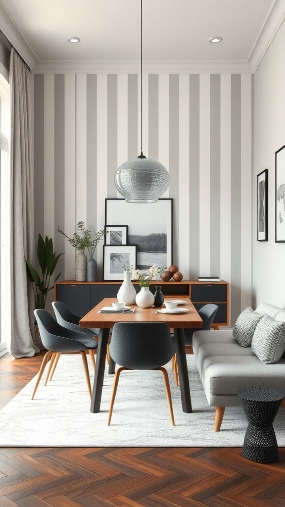 Dining room with vertical paint stripes on the wall, featuring a wooden table and modern chairs.