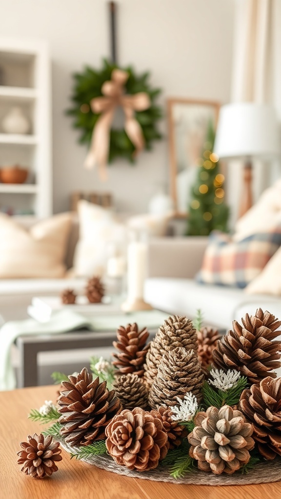 A cozy winter decor featuring a collection of pinecones arranged on a wooden table with greenery, set in a warm living room.