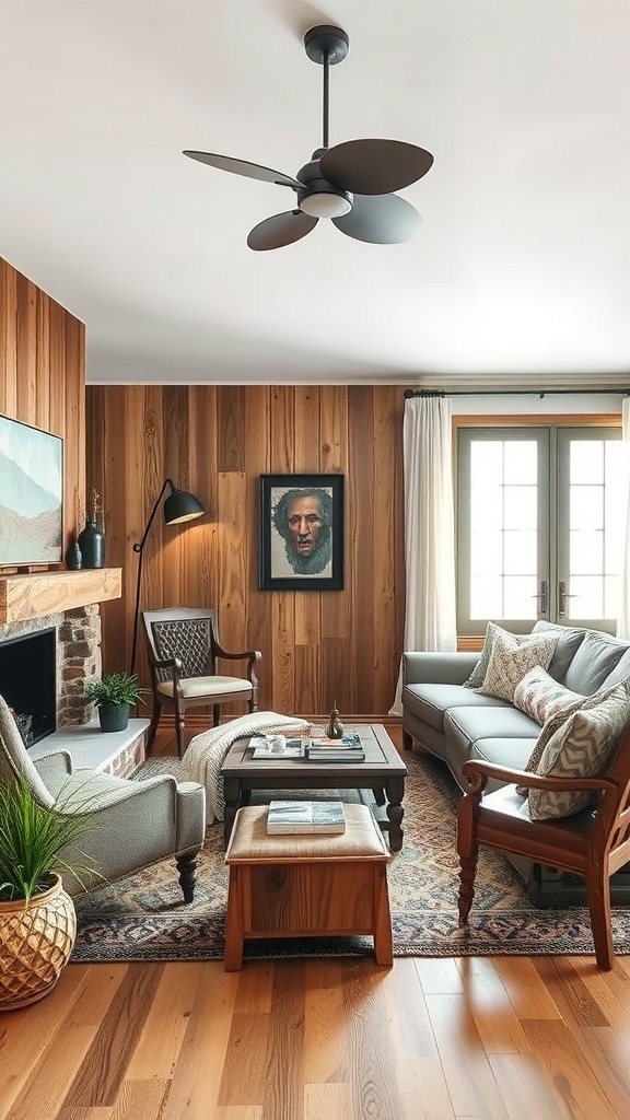 Cozy rustic cabin living room with reclaimed wood decor
