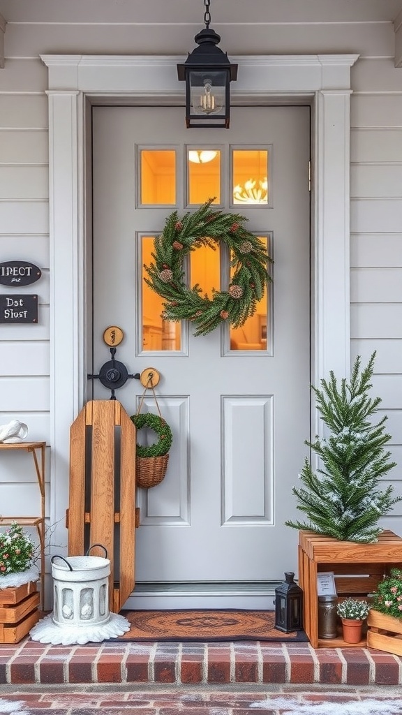 A winter front door decorated with a wreath, vintage sled, wooden crates, and a lantern.
