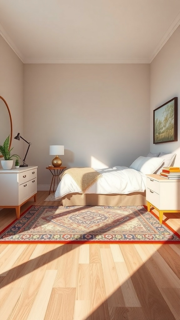 A small bedroom featuring a bed, nightstands, and a decorative rug on wooden flooring.