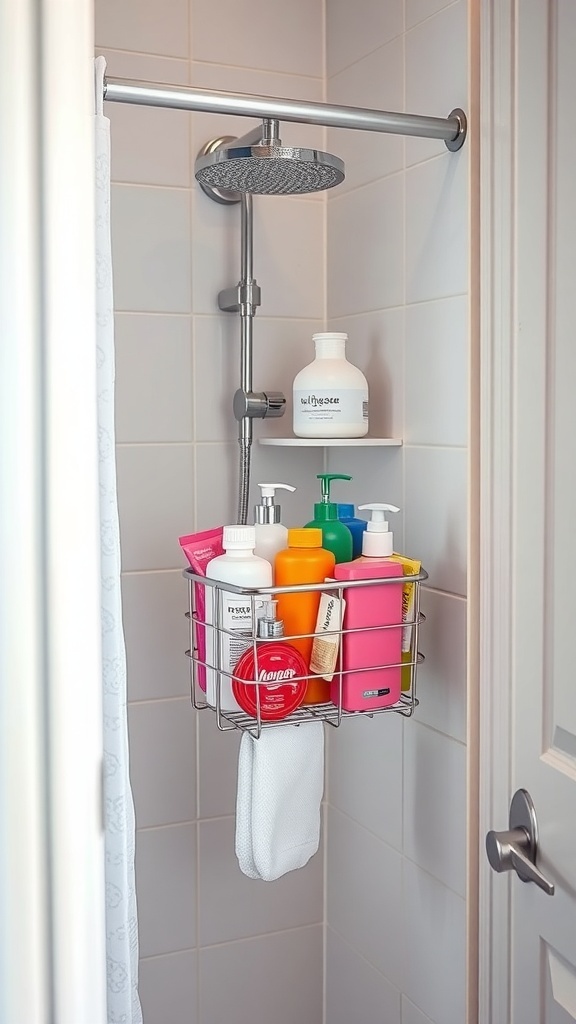 A shower caddy filled with various bottles and a towel, hanging in a bathroom shower.
