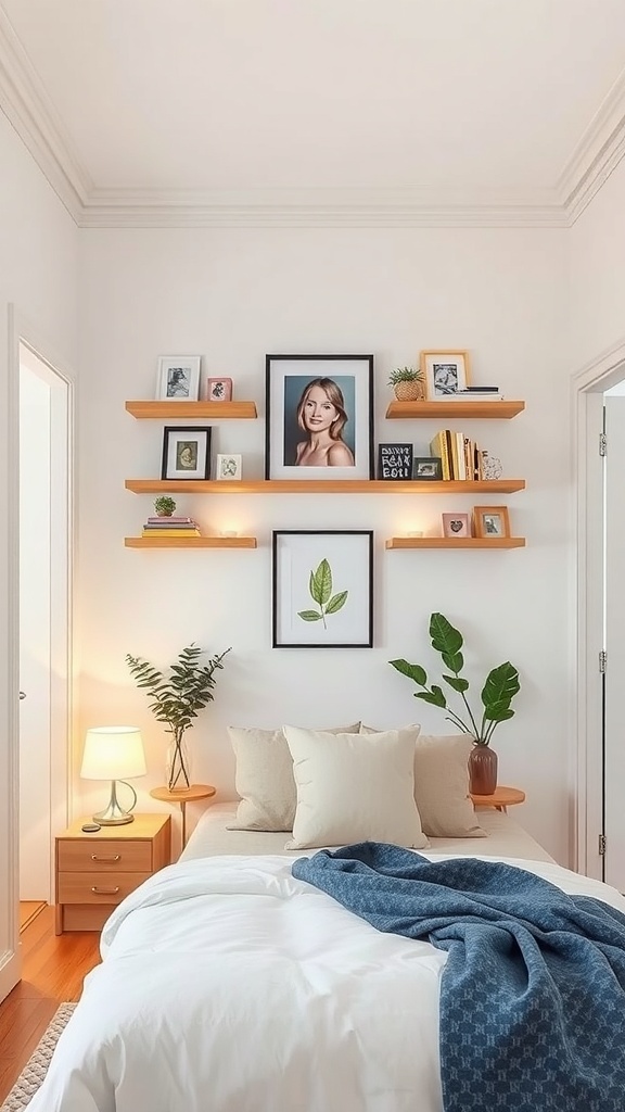A small bedroom with shelves above the door displaying photos and plants, creating a stylish storage solution.