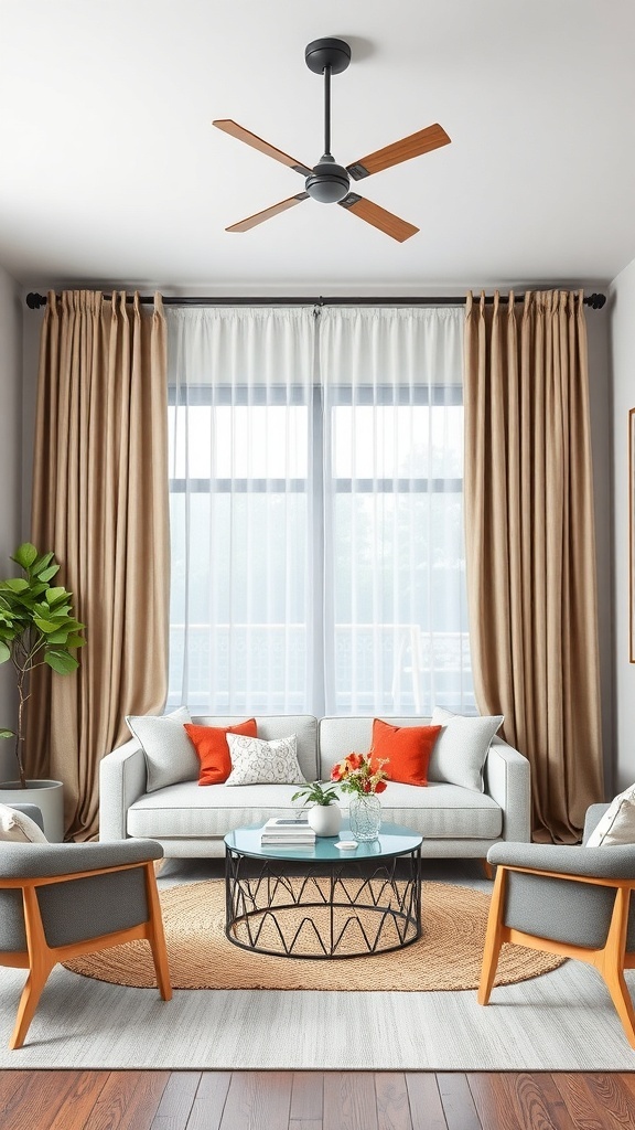 Living room with double curtain rods featuring sheer and opaque curtains, modern furniture, and a cozy atmosphere.