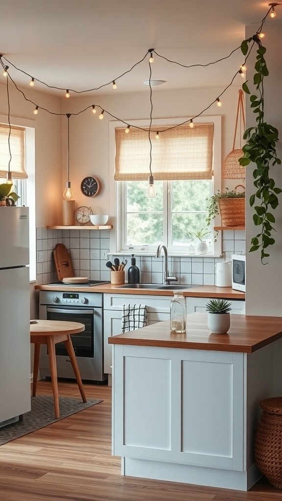 A cozy kitchen with string lights hanging from the ceiling, creating a warm atmosphere.