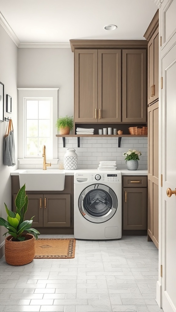 A stylish mud room laundry room combo featuring tall cabinets, open shelves, a washer, and a sink.