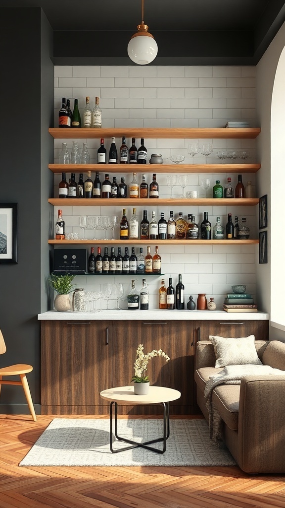 A cozy bar area with wooden shelves displaying various bottles and glasses, complemented by a stylish seating arrangement.