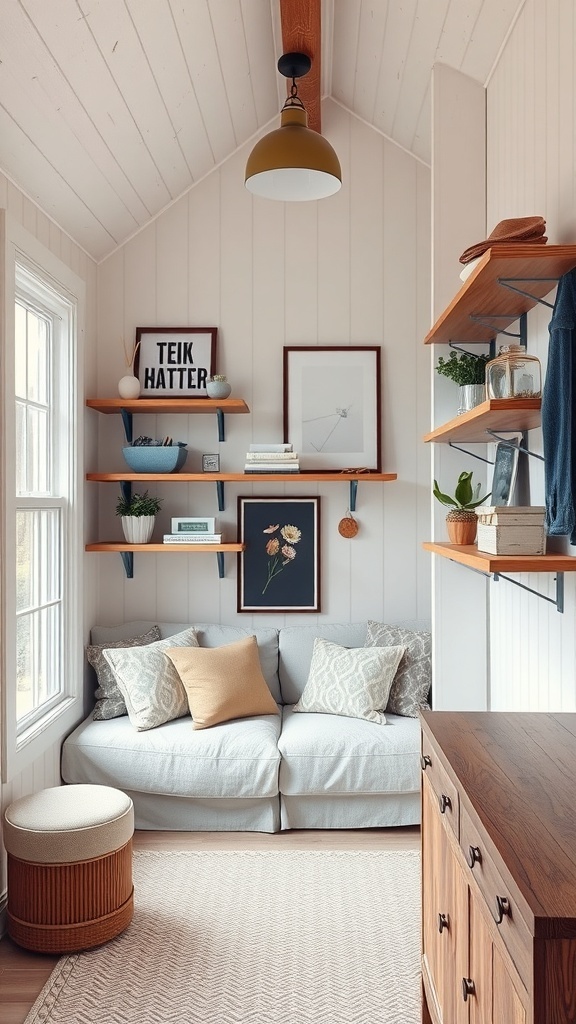 Cozy tiny cabin interior with floating shelves, light sofa, and decorative items.