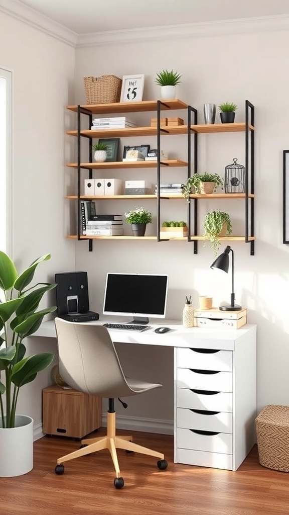A small desk setup featuring a white desk, a computer, and vertical shelves with plants and storage boxes.