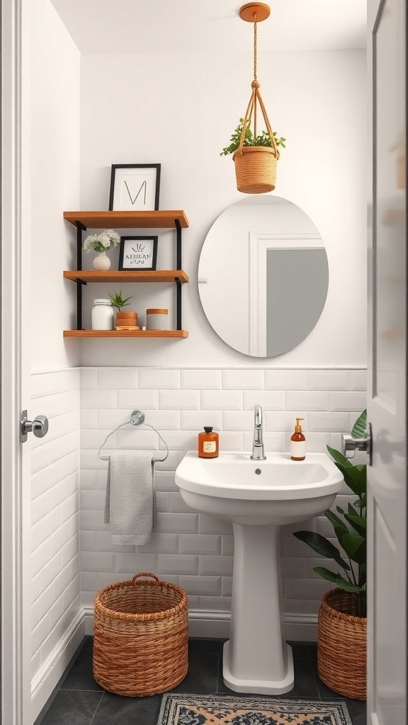 A small half bathroom featuring wall-mounted shelves, a round mirror, and decorative elements.