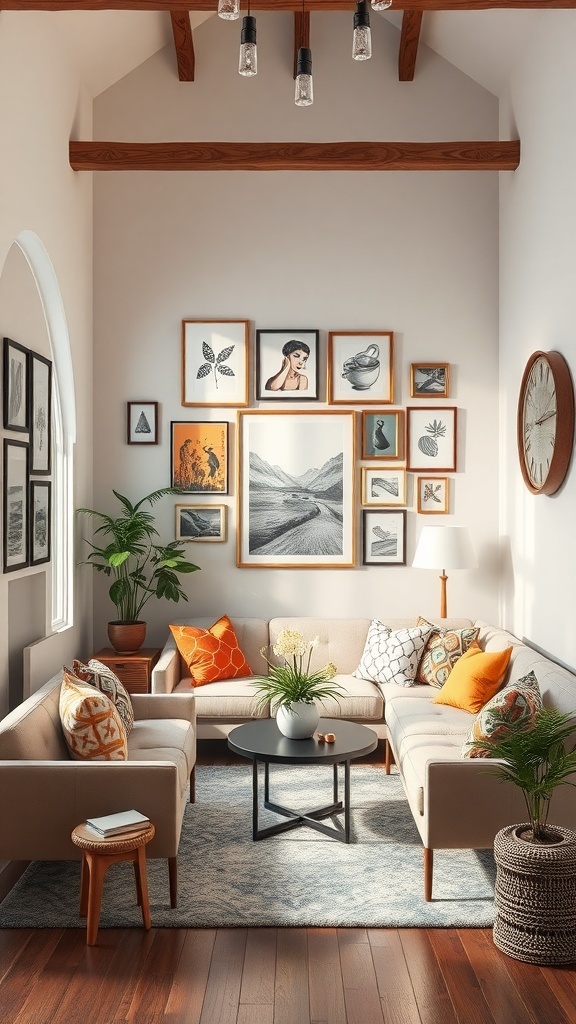 A small living room with a gallery wall of framed art, cozy seating, and plants.