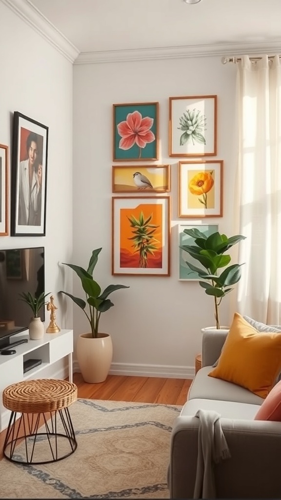 A cozy corner of a small bedroom featuring a gallery wall with colorful framed art, a plant, and a comfortable sofa.