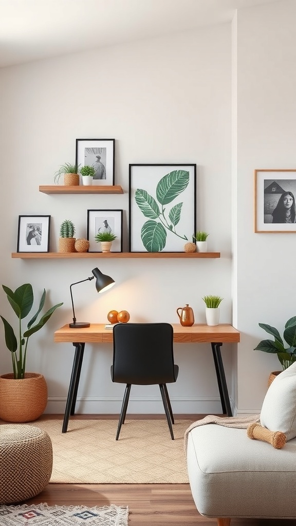 A small desk setup featuring a wooden desk, black chair, wall shelves with plants and framed pictures, and a cozy atmosphere.