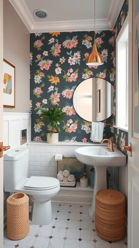 A small bathroom featuring floral wallpaper, a round mirror, and a plant.