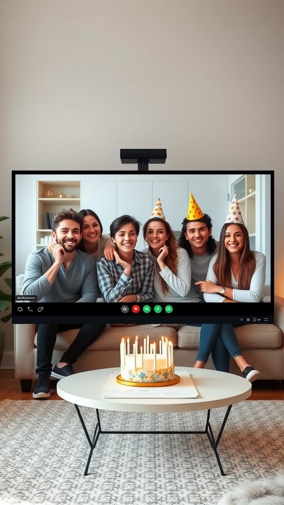 A virtual birthday party with friends on a video call, featuring a birthday cake and party hats.