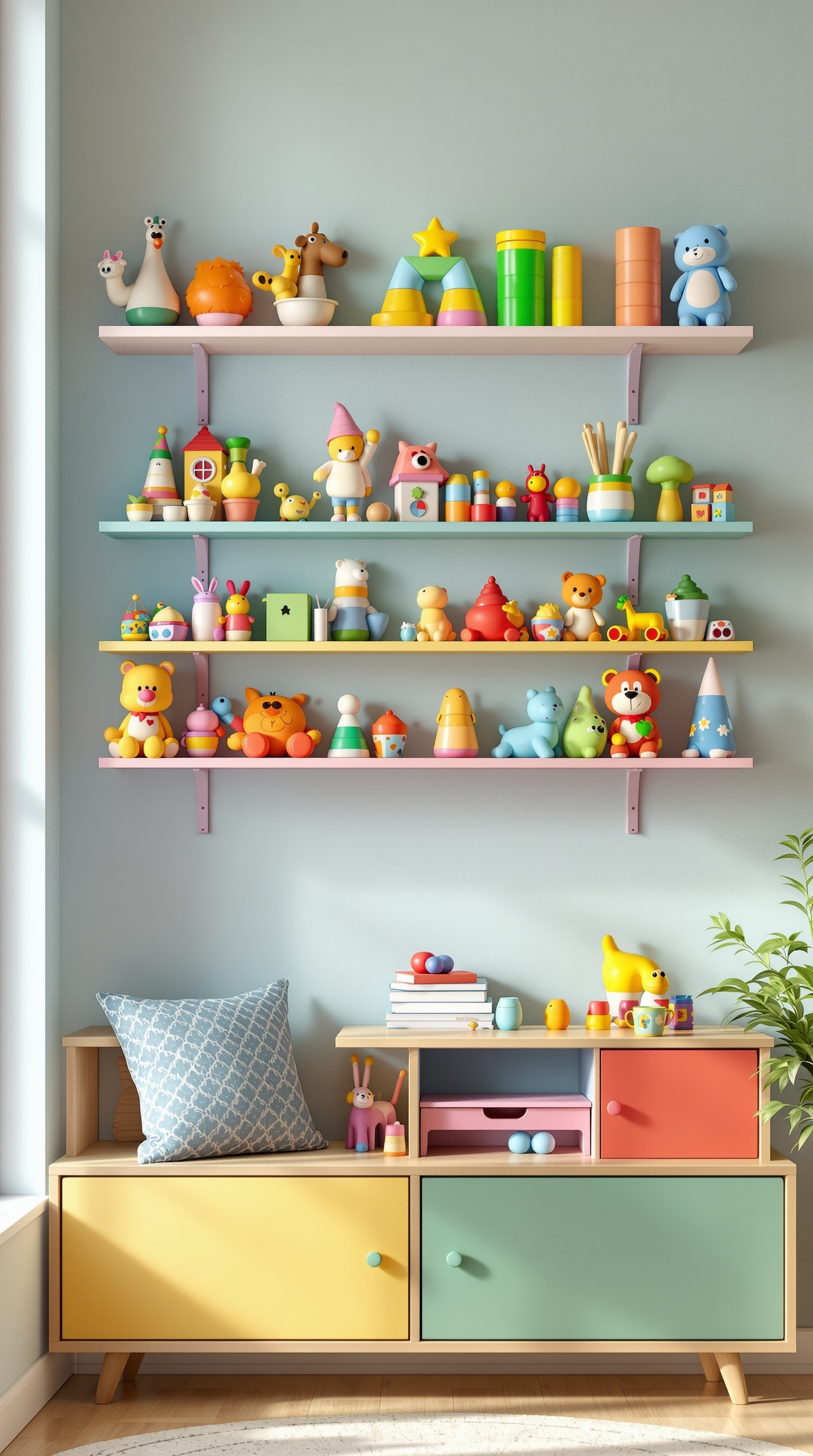 Colorful wall-mounted shelves filled with toys and decorative items in a playful setting.