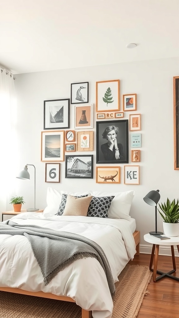 A small bedroom featuring a creative wall art arrangement with various framed artworks and photographs.