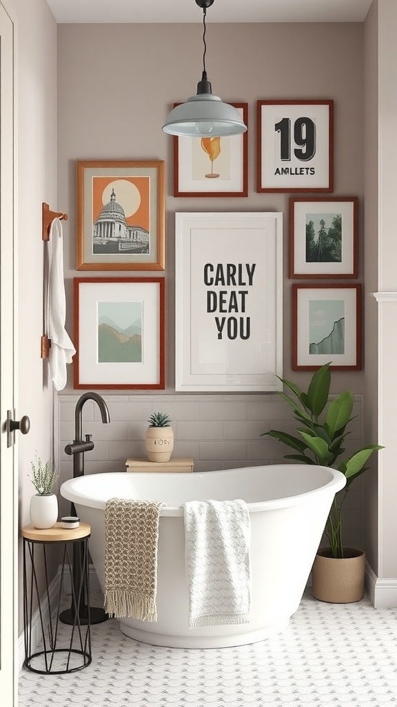 A stylish bathroom with a bathtub and a creative wall art display featuring various framed artworks.
