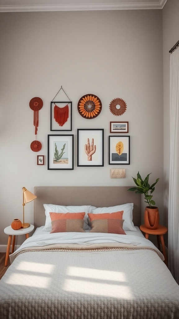 A small master bedroom featuring a creative wall art display with warm tones and decorative elements.