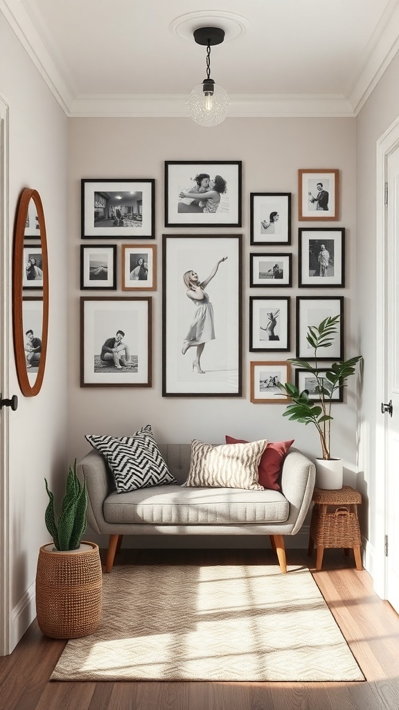 A small foyer with a gallery wall of framed photographs, a cozy sofa, and a plant.