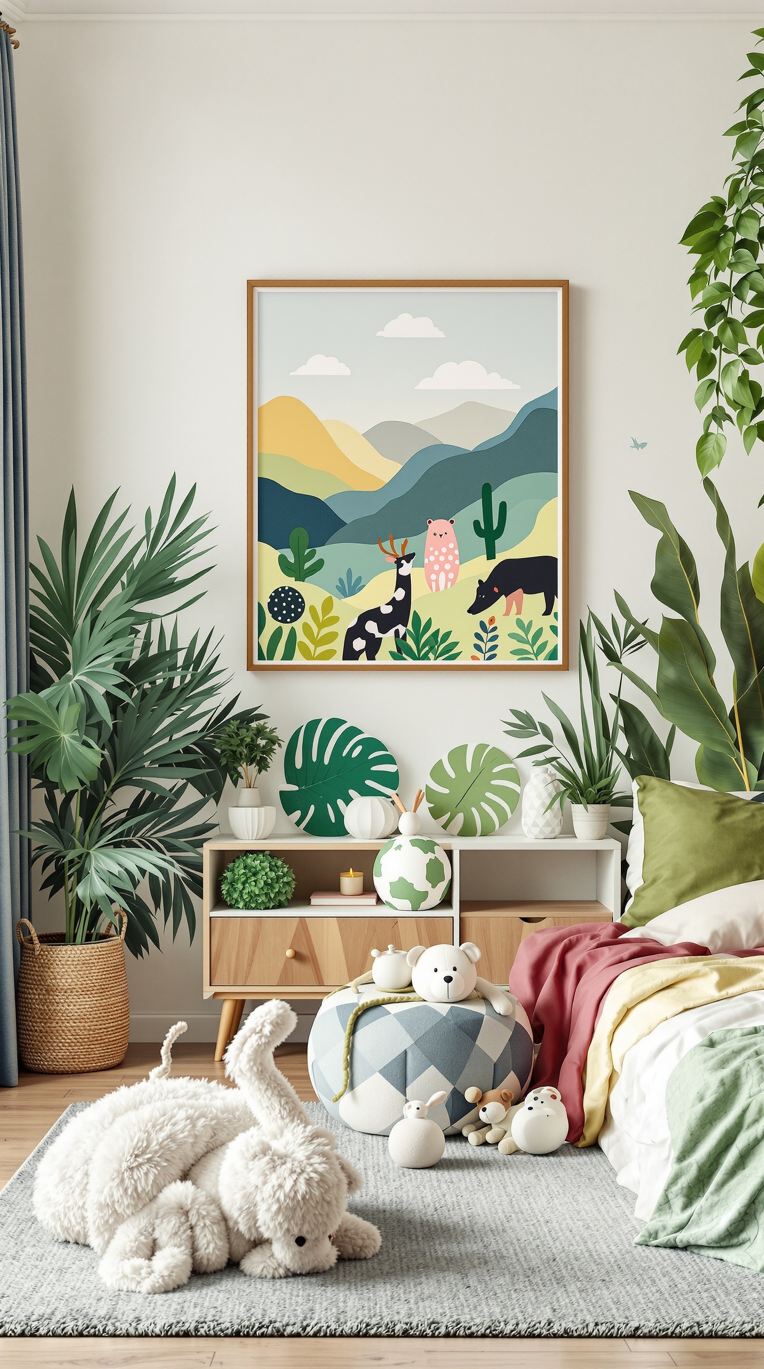 A colorful kids' room featuring playful wall art, plants, and cozy decor.