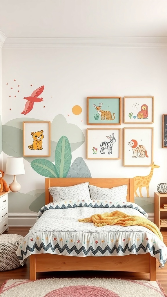 A modern kids bedroom featuring animal-themed wall art, colorful illustrations, and a cozy bed.