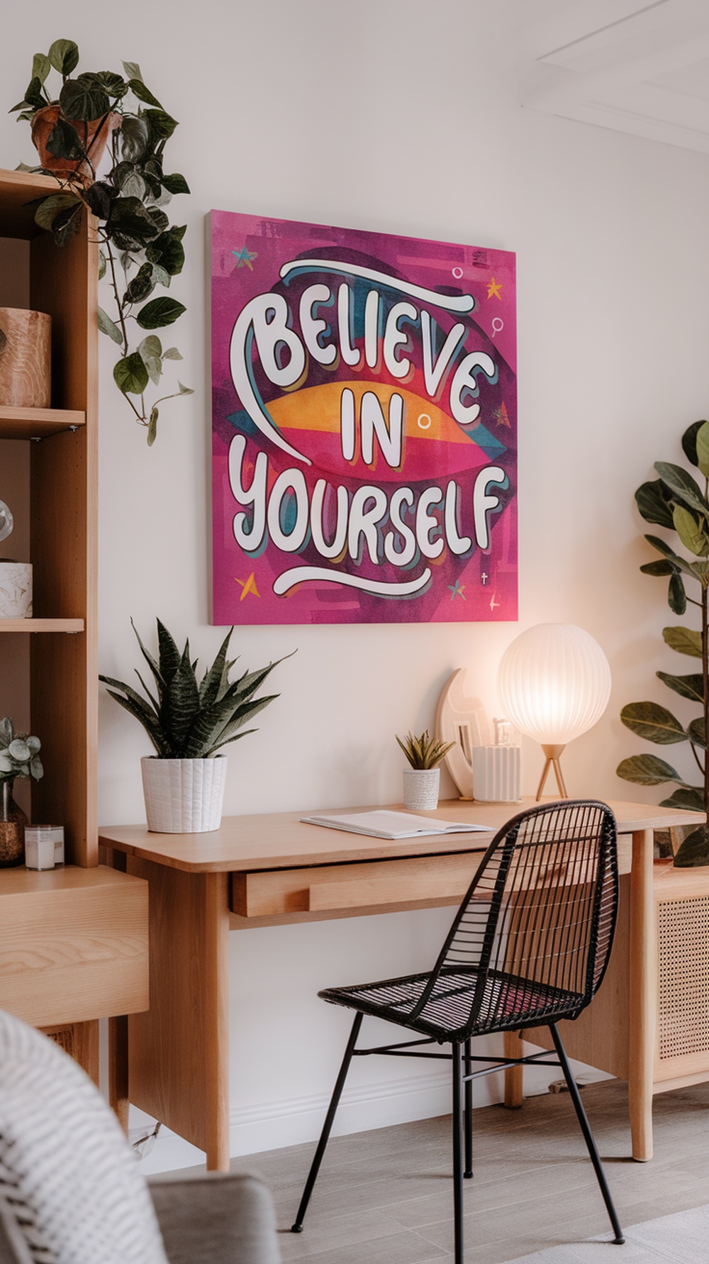 A study area featuring a colorful wall art piece that says 'Believe in Yourself', with plants and a cozy desk setup.
