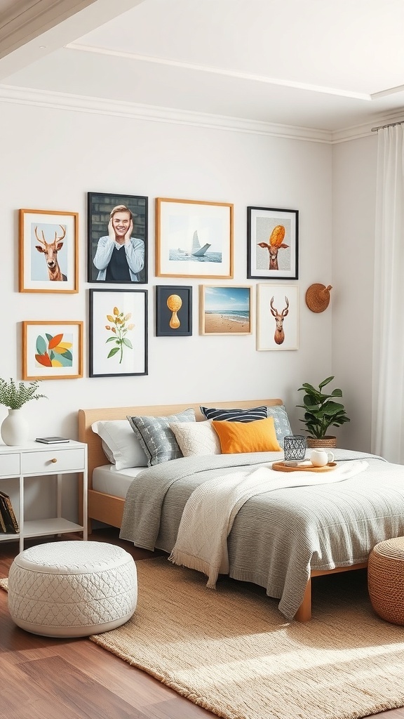 A modern teen girl's bedroom featuring a gallery wall with various framed artworks.