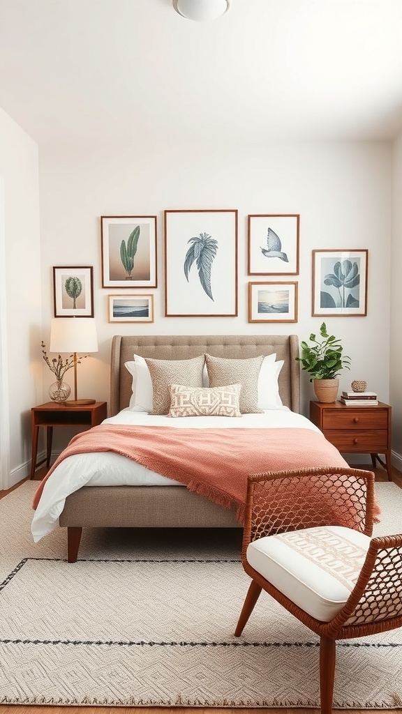 A small guest bedroom featuring a bed with a coral throw, framed botanical wall art, and a cozy chair.