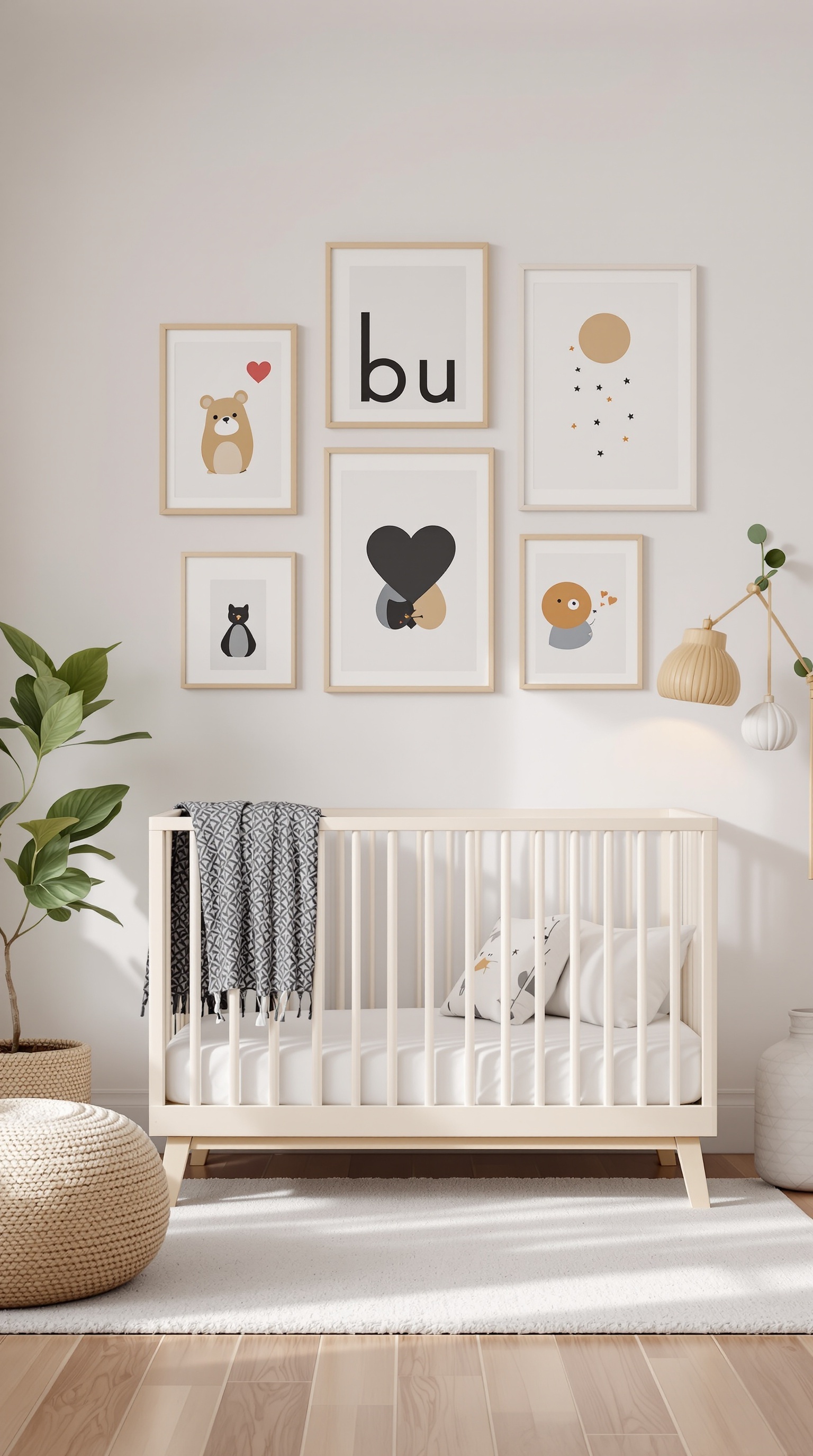A modern baby room with a crib and creative wall art featuring cute animal illustrations and letters.