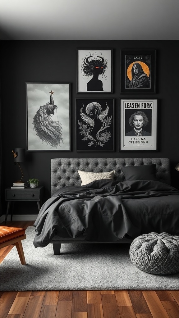 A dark teen bedroom featuring creative wall art with various illustrations and a cozy bed.