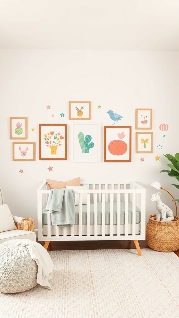 A nursery featuring a crib, cozy decor, and colorful wall art with playful illustrations.