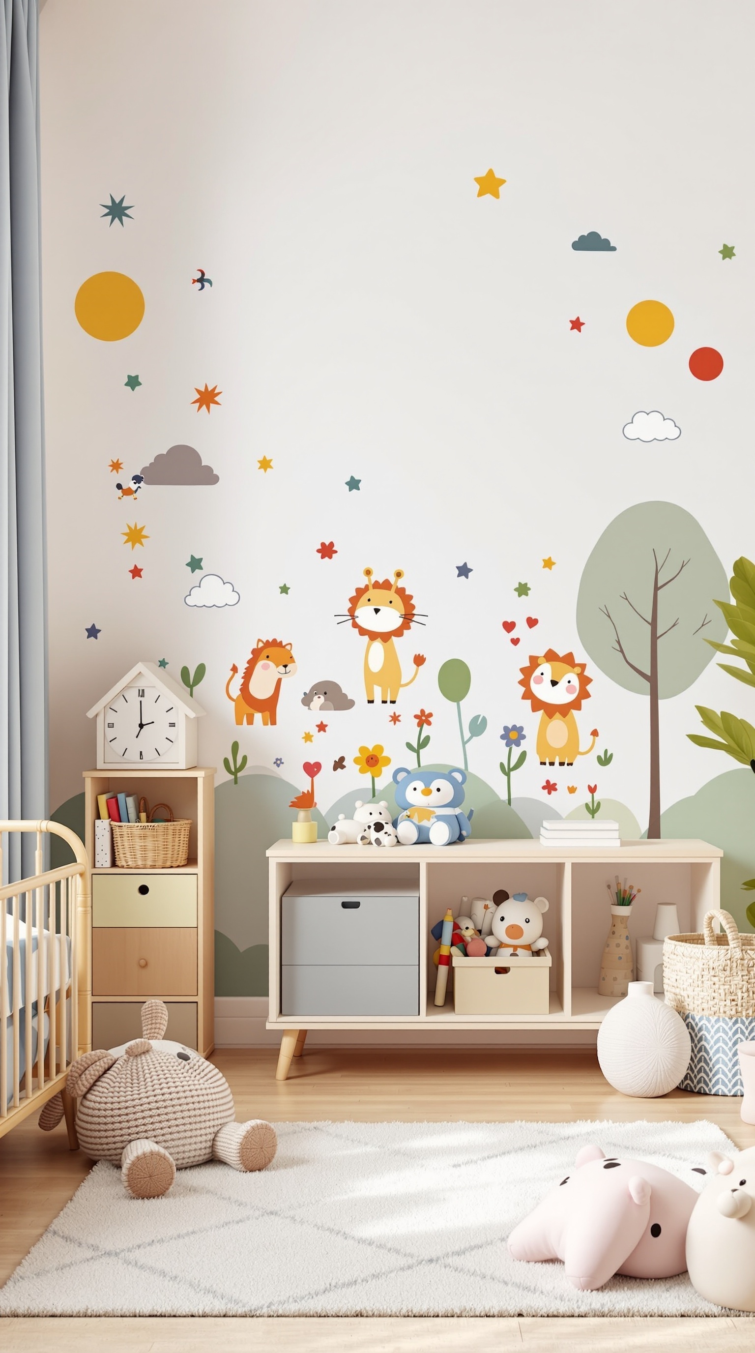 A toddler room with colorful wall decals featuring animals, stars, and clouds.