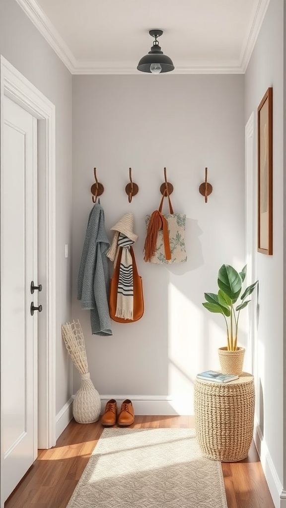 A rustic entryway featuring wooden wall hooks, hanging clothes, a plant, and a woven basket.