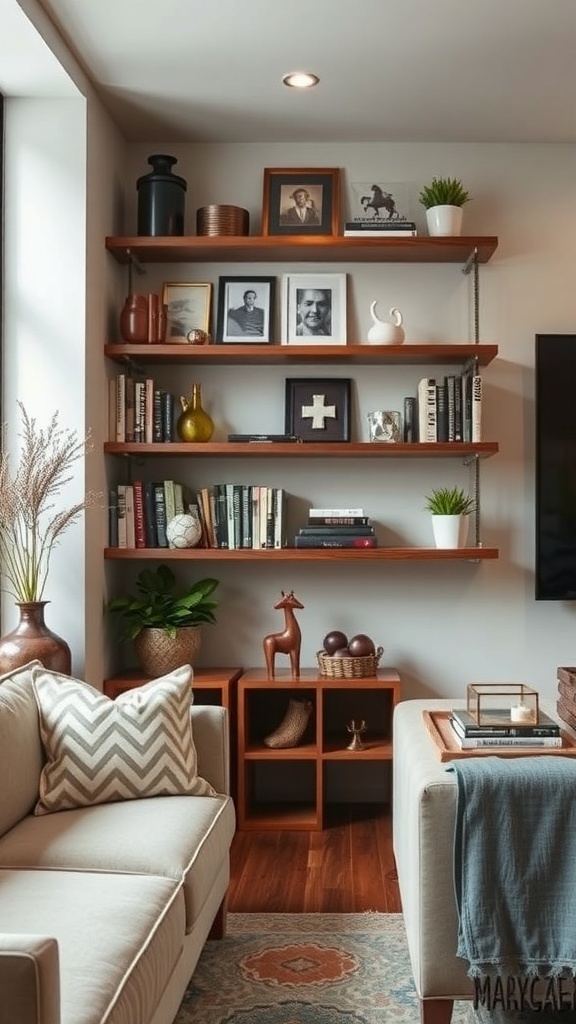 Stylish wall shelves with books, decorative items, and personal photos in a cozy man cave.