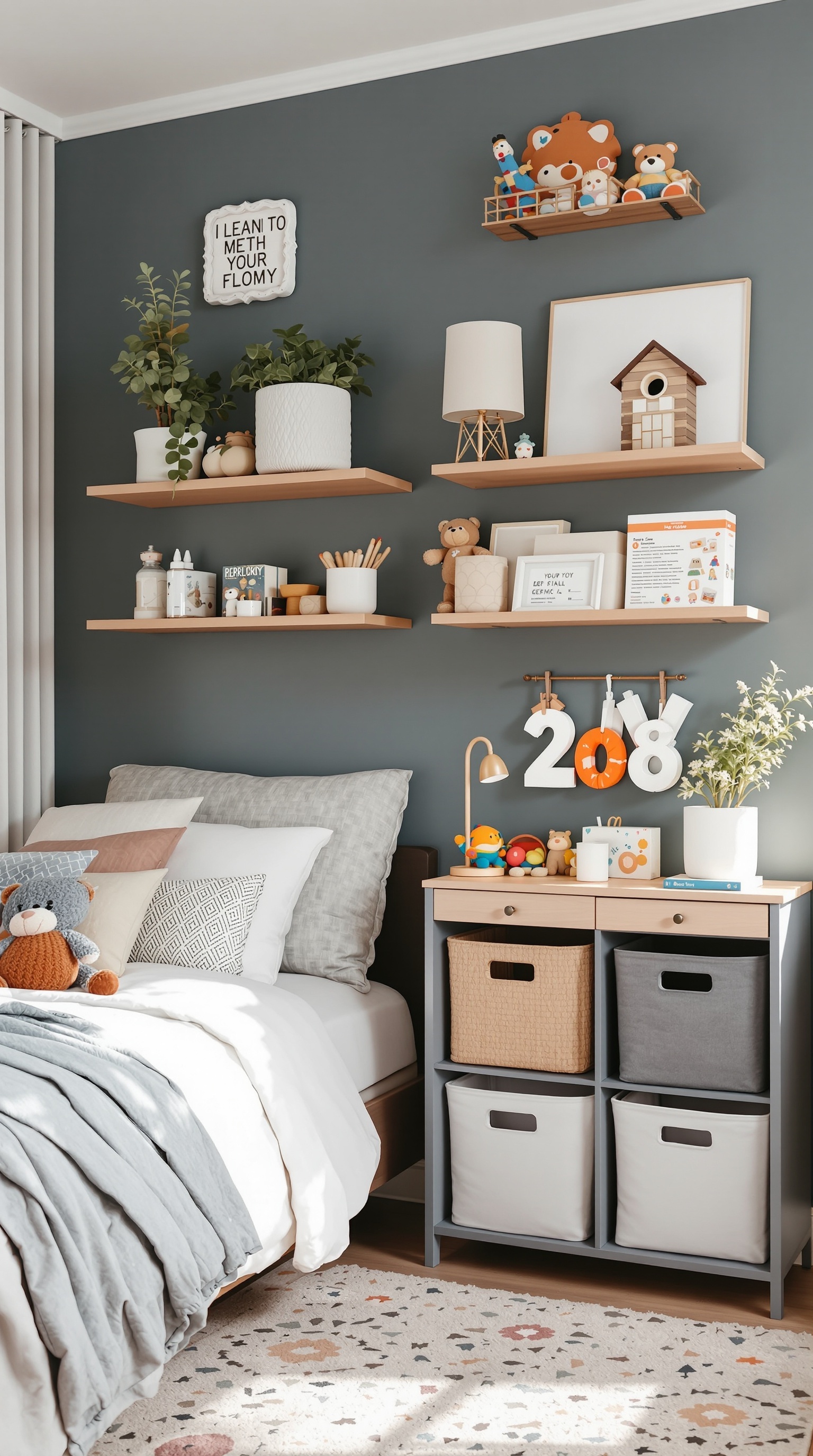 A cozy bedroom with shelves displaying toys and decorative items, along with storage bins for organization.