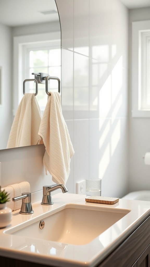 Modern bathroom sink with stylish faucets and neatly arranged towels.