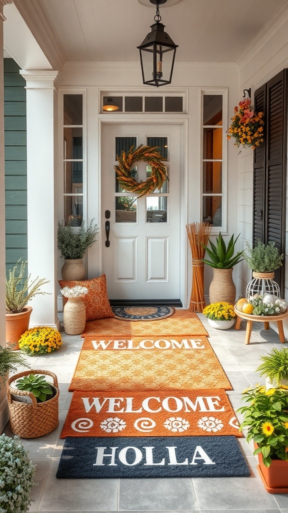 A porch with colorful welcome mats that say 'WELCOME' and 'HOLLA', surrounded by plants and decorative elements.