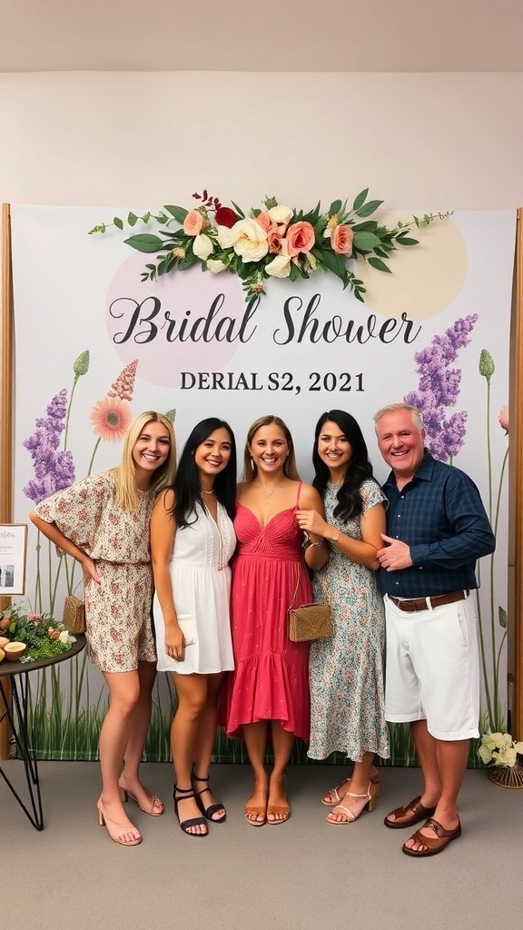 Group of friends posing together at a wildflower-themed bridal shower