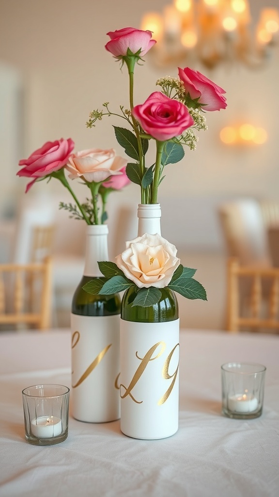 Creative wine bottle display with floral arrangements and candles on a wedding table.