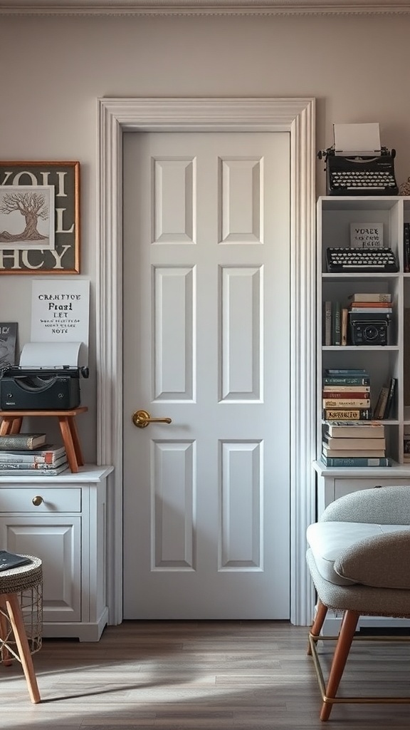 A white door leading to a creative writing corner, surrounded by bookshelves and a cozy chair.