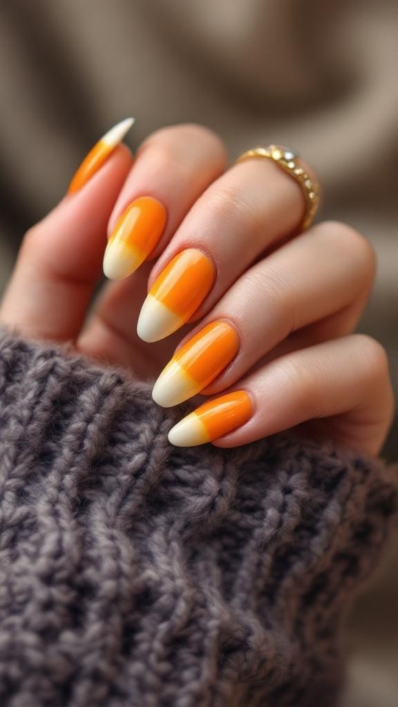 Candy corn inspired nail art with orange, yellow, and white colors on almond-shaped nails.