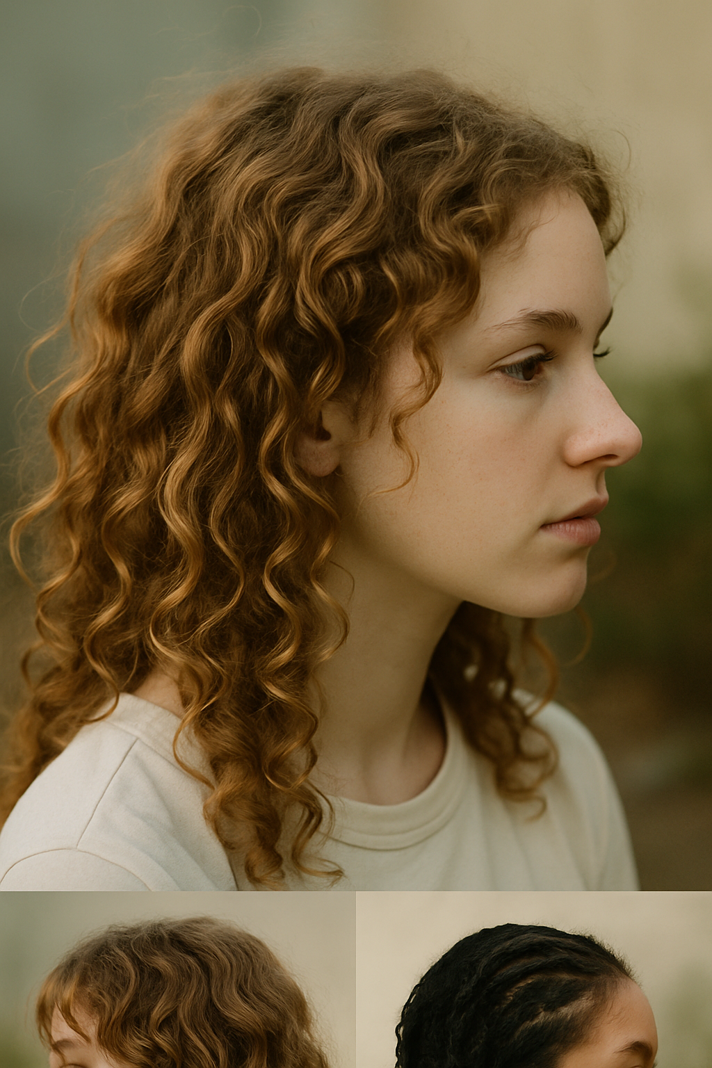 A child with curly hair styled for a creepy clown look, showcasing vibrant curls and playful accessories.