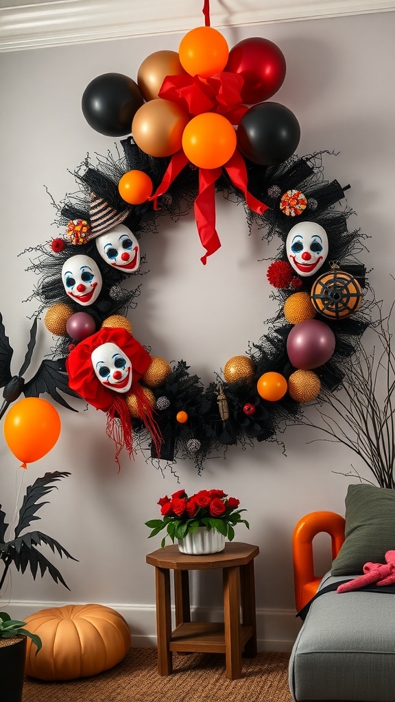 A Halloween wreath featuring clown masks, colorful balloons, and spooky decorations.