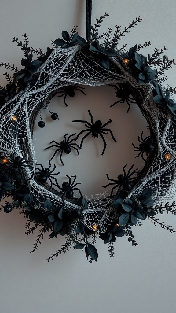 A Halloween wreath decorated with black spiders, cobwebs, and dark foliage, featuring tiny lights.