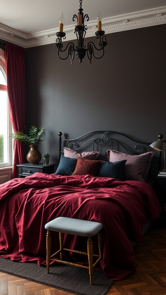 A romantic goth bedroom featuring a crimson and black color palette with a bed, pillows, and a chandelier.